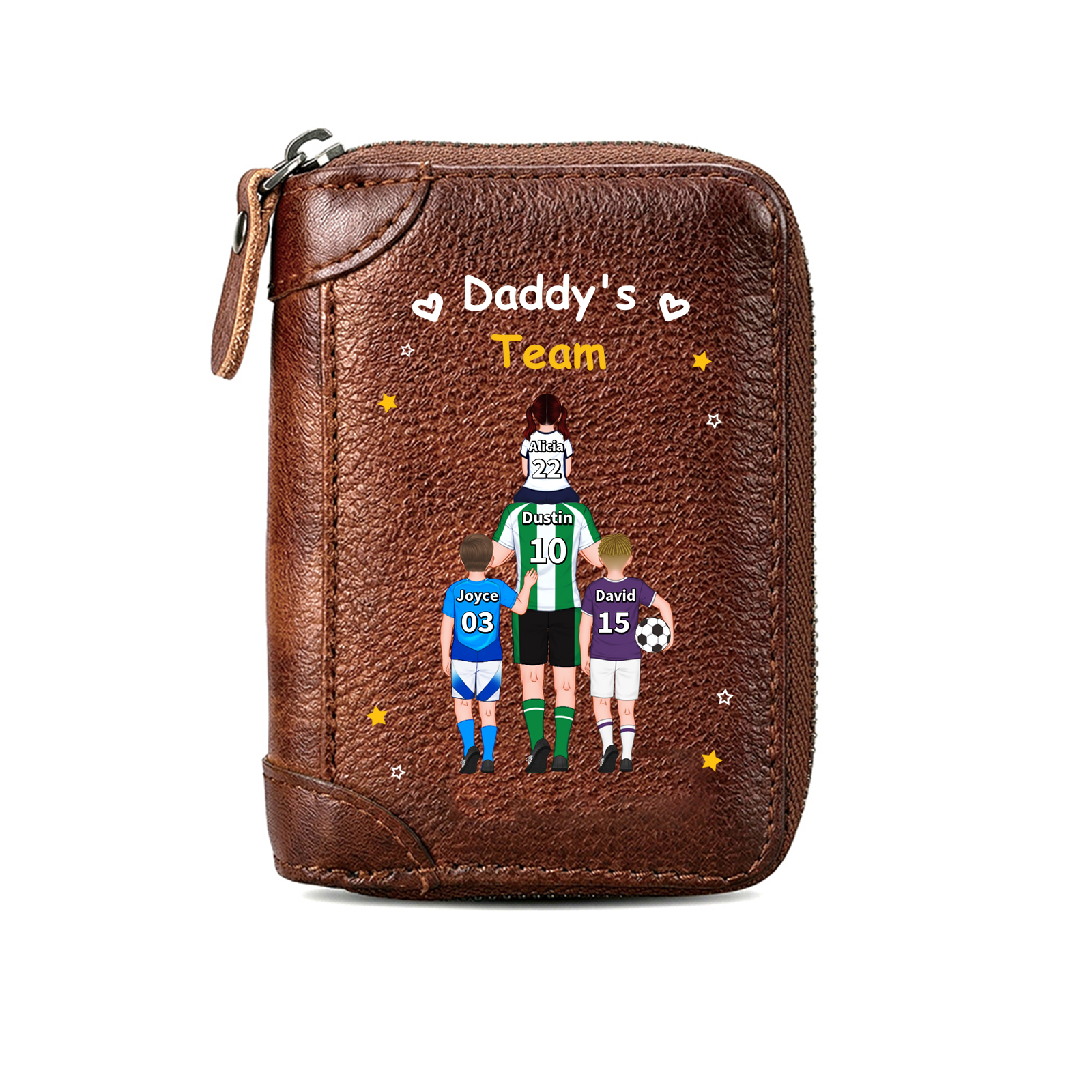 Personalized Genuine Leather Zippered Card Holder Wallet Dad’s Team Custom with 2-6 Names