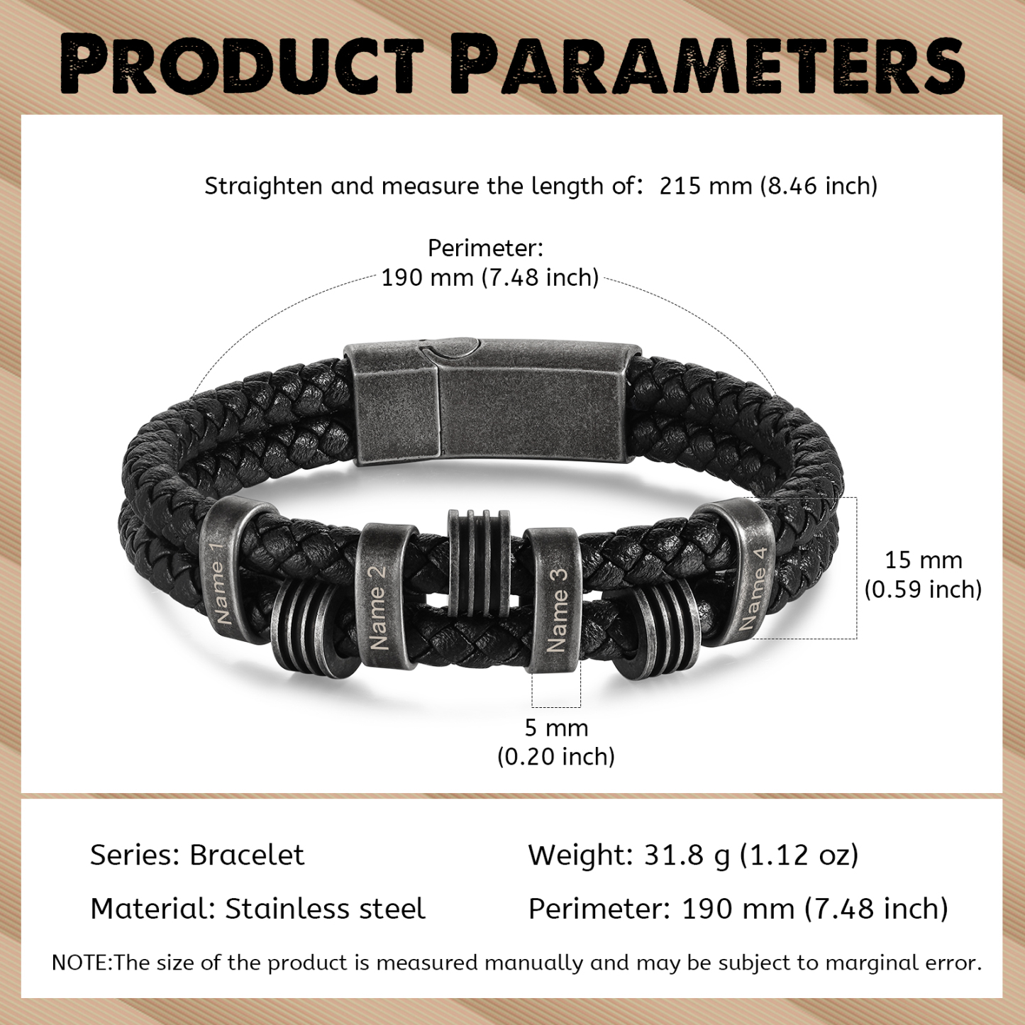 4 Names - Personalized PU Leather Men's Bracelet, Customized Name Bracelet with Gift Box Vintage Gift for Him