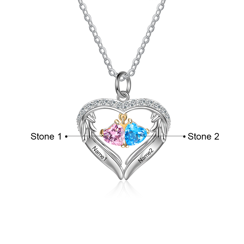 Personalized Wings S925 Silver Necklace With 2 Heart Birthstones Engraved Names Gift For Women