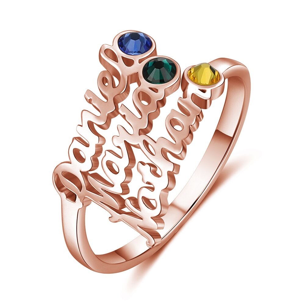 Personalized Birthstone Ring Custom 3 Names Ring Best Gift For Women