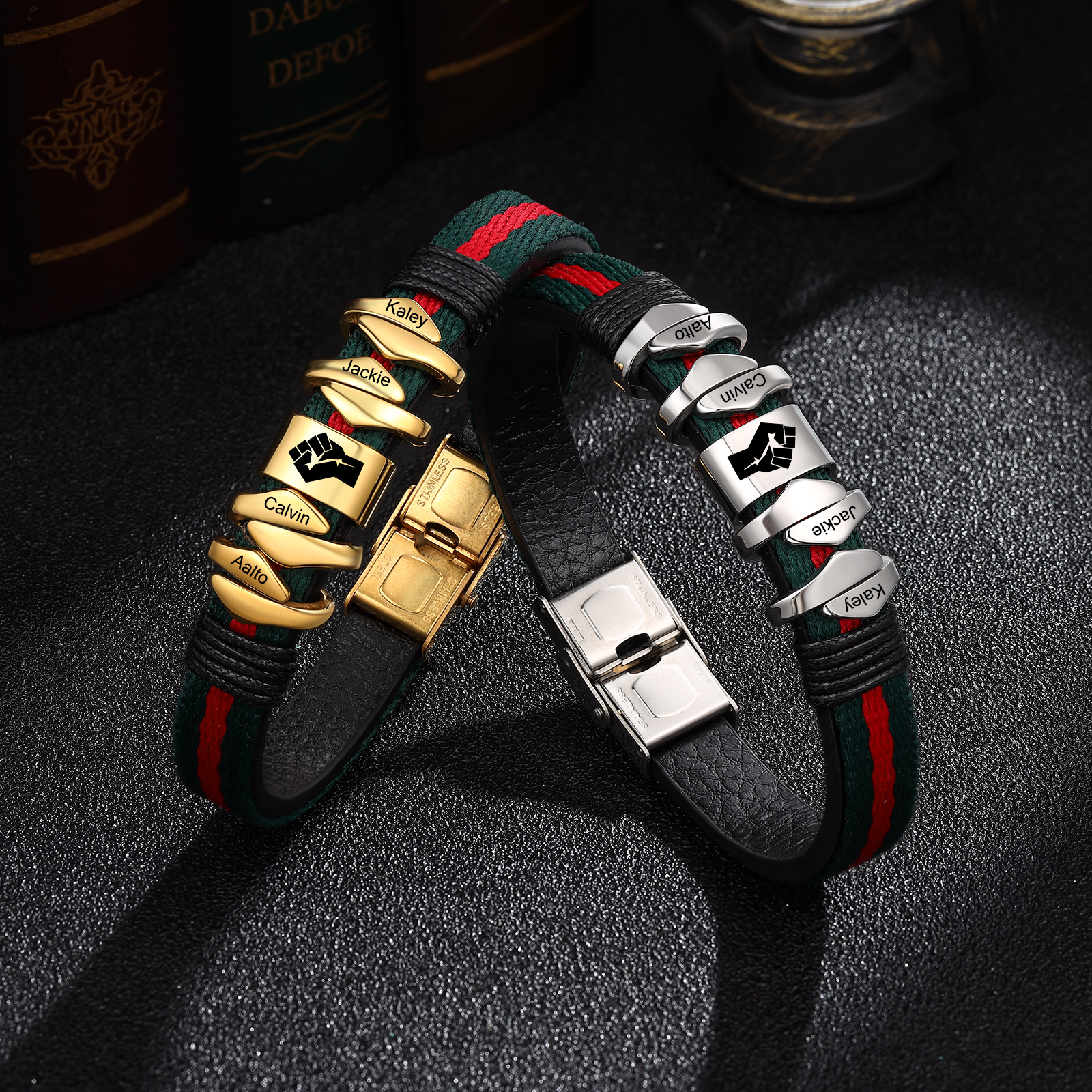 Personalized Leather Bracelet Custom 4 Names Mens Bracelet Silver and Gold