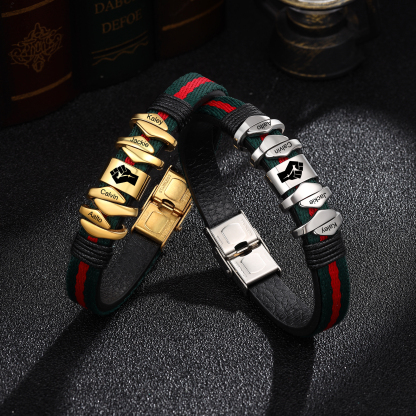 Personalized Leather Bracelet Custom 4 Names Mens Bracelet Silver and Gold
