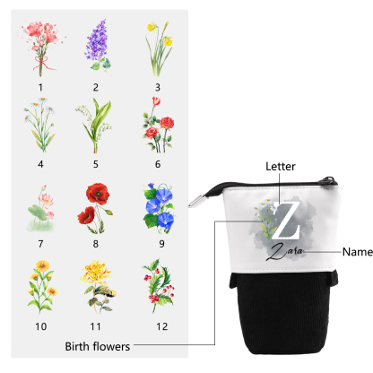 Personalized Pencil Case Custom Name & Letter & Birthday Flower Pen Pouch Back To School Gift for Kids