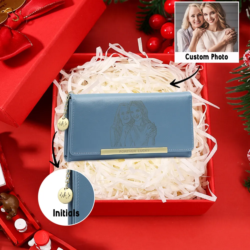 Personalized Women's Wallet Custom Photo and Lettering Blue/Pink Leath