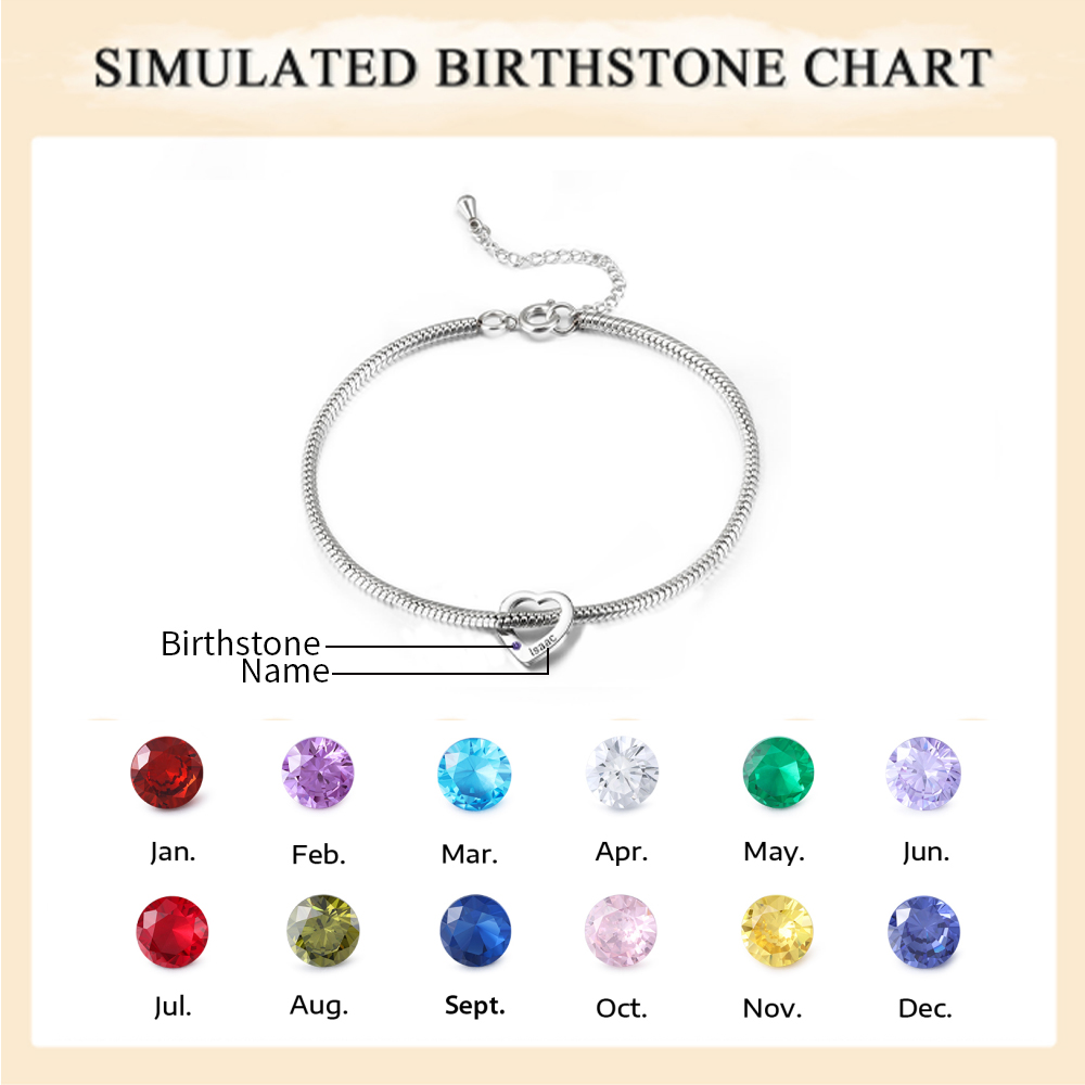 Personalized Anklet Bracelet for Women With Engraved 1 Name And Birthstone Heart Shaped Charm  - Mother's Day Gift for Mom