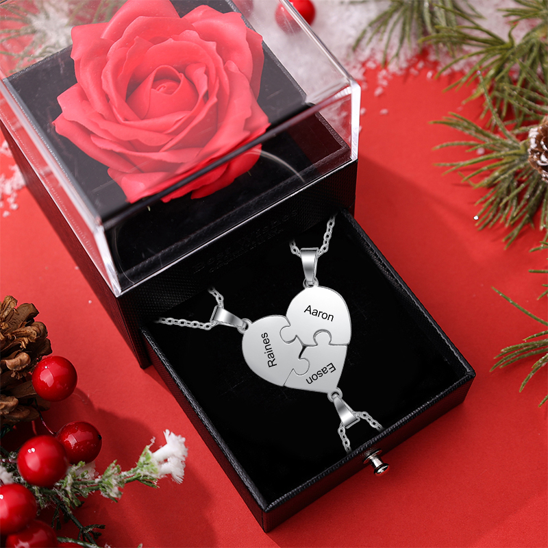 Personalized Heart Puzzle Necklace With 3 Names Gifts For Her