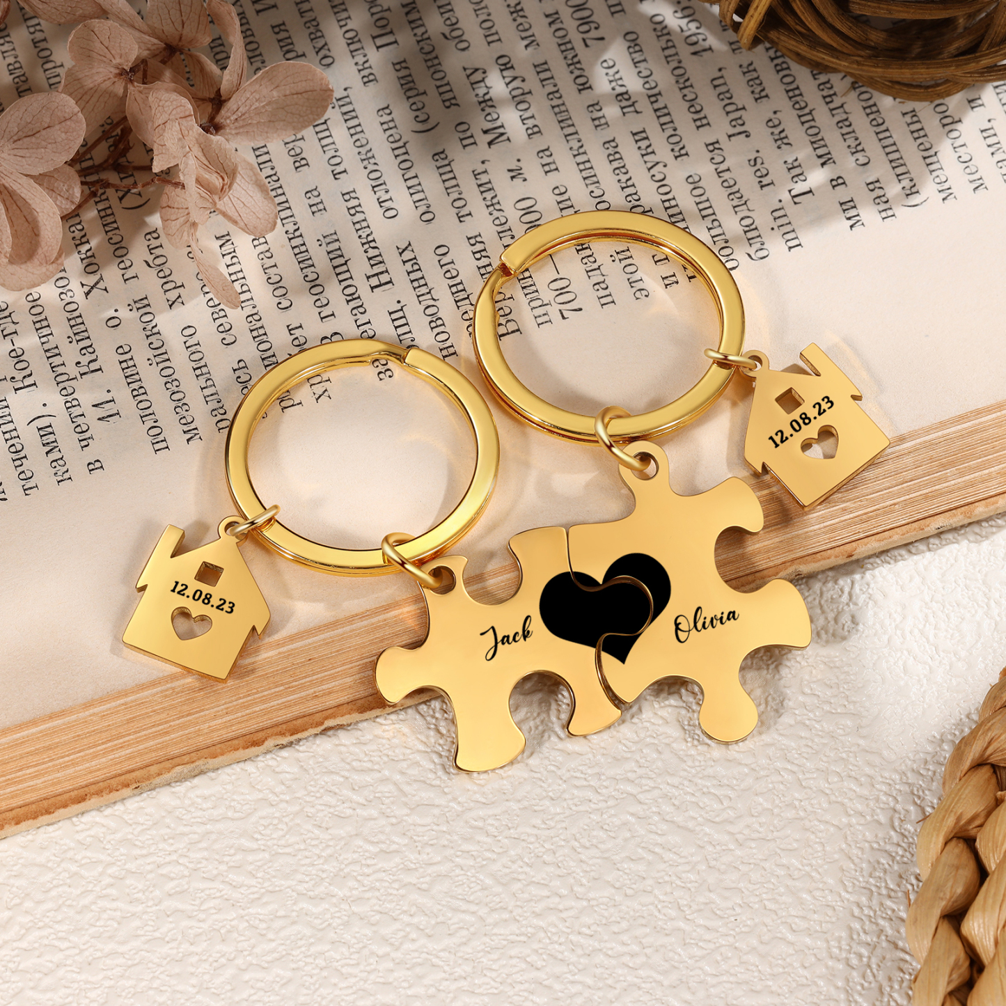 Personalized Name Puzzle Couple Keychain Engrave Date Matching Couple Gifts, Special Gift For Him/Her