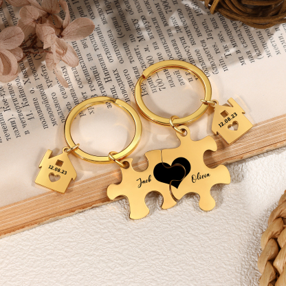 Personalized Name Puzzle Couple Keychain Engrave Date Matching Couple Gifts, Special Gift For Him/Her