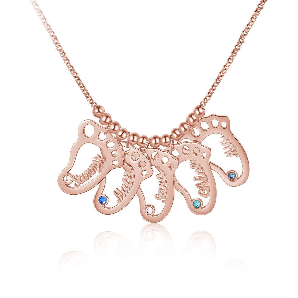 Personalized Baby Foot Engraved 5 Names Birthstones Necklace Gift For Mother