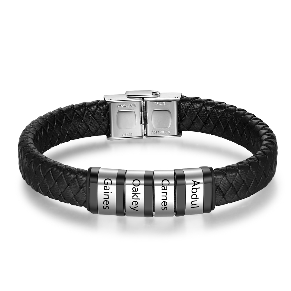 6 Names-Personalized Braided Leather Bracelet Custom Men's Bracelet Engraved 6 Names for Him
