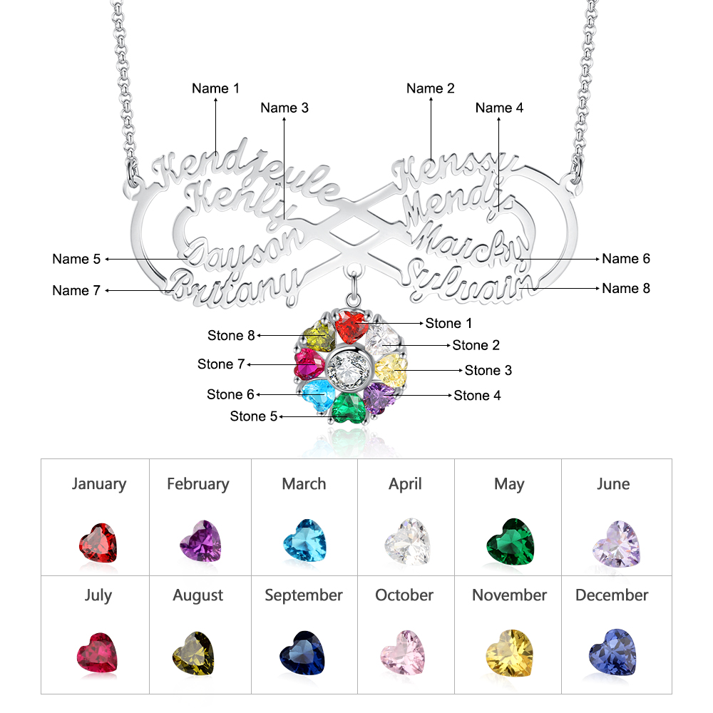 Personalized Infinity Necklace With 8 Birthstones Engraved Names Necklace Gift For Women