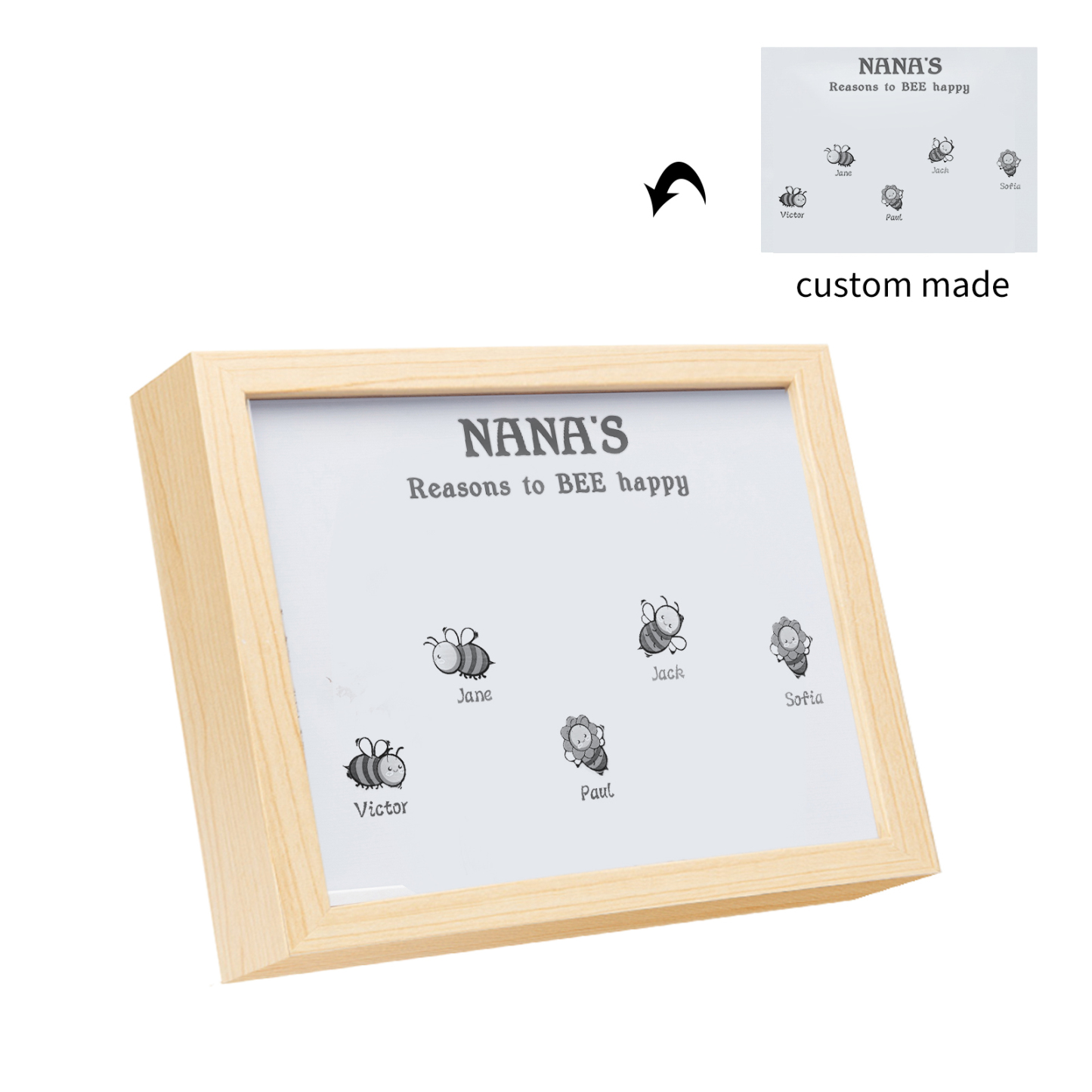 5 Names-Personalized Family Color Or Black And White Frame Custom 5 Names And Text LED Night Light