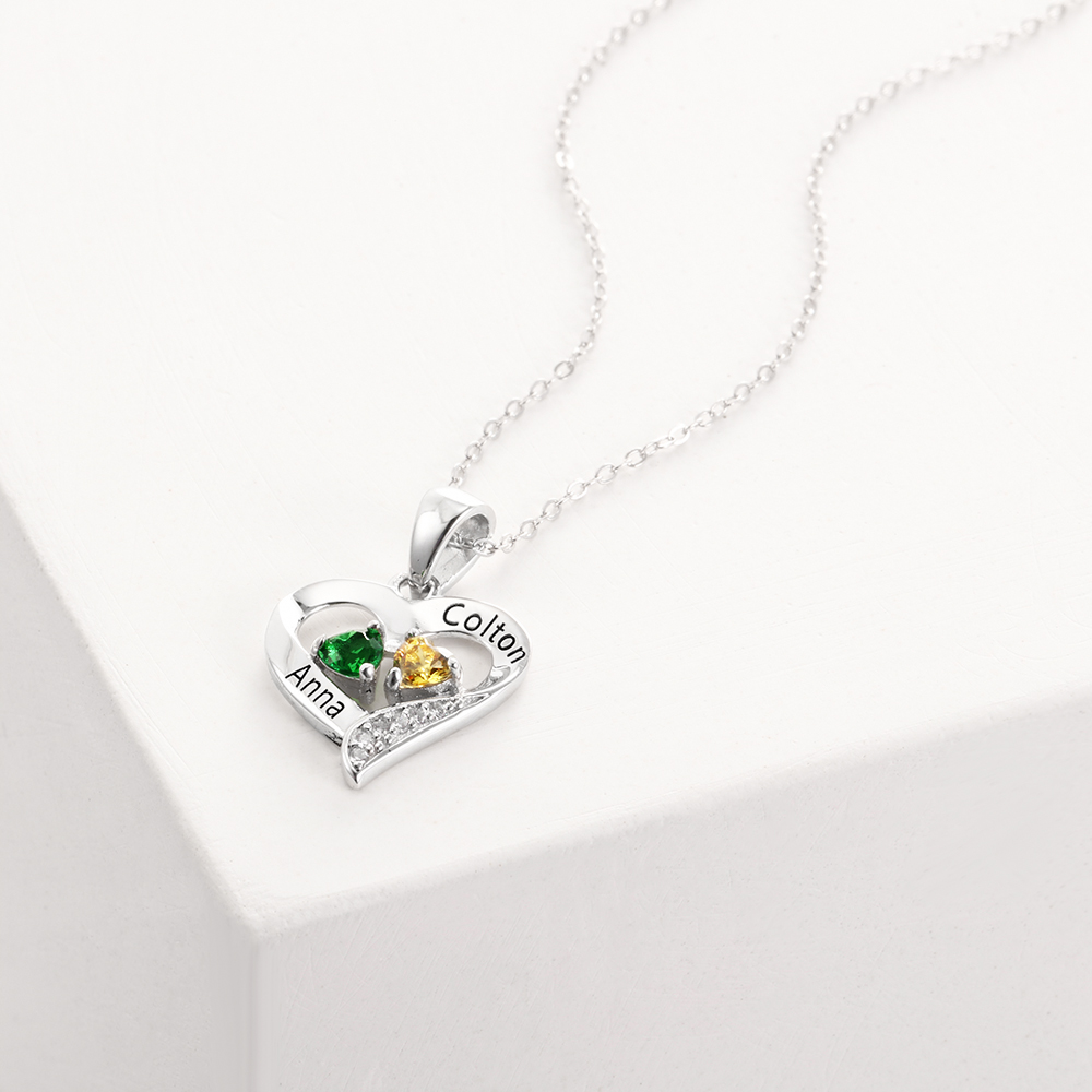 Personalized Heart Necklace With Names Custom 2 Birthstones Gifts For Women