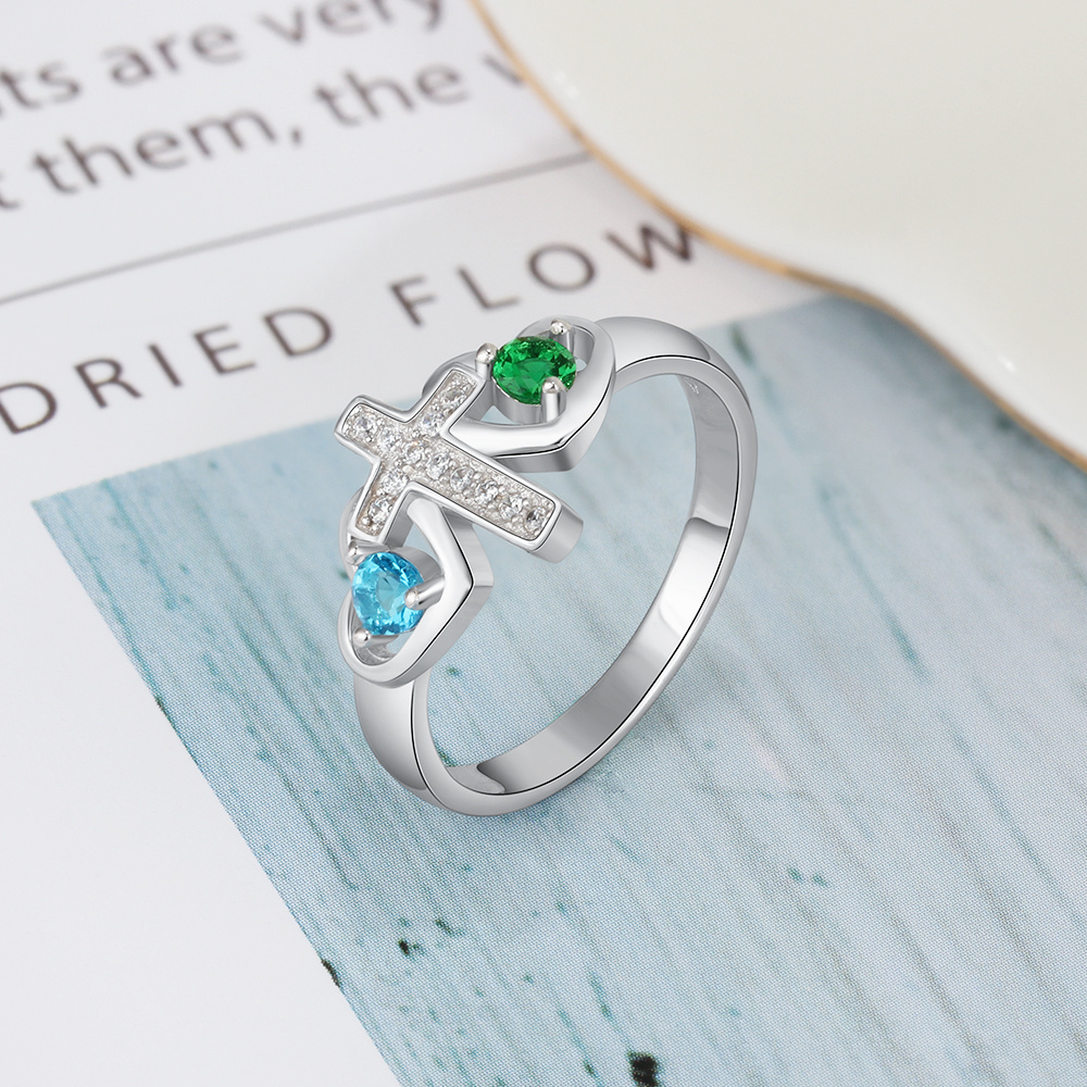 S925 Silver Ring Personalized 2 Birthstones Cross Ring With Names Gifts For Her