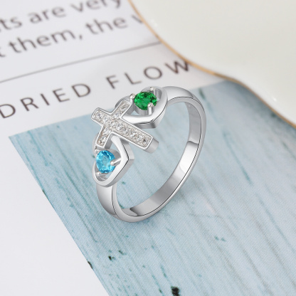 S925 Silver Ring Personalized 2 Birthstones Cross Ring With Names Gifts For Her