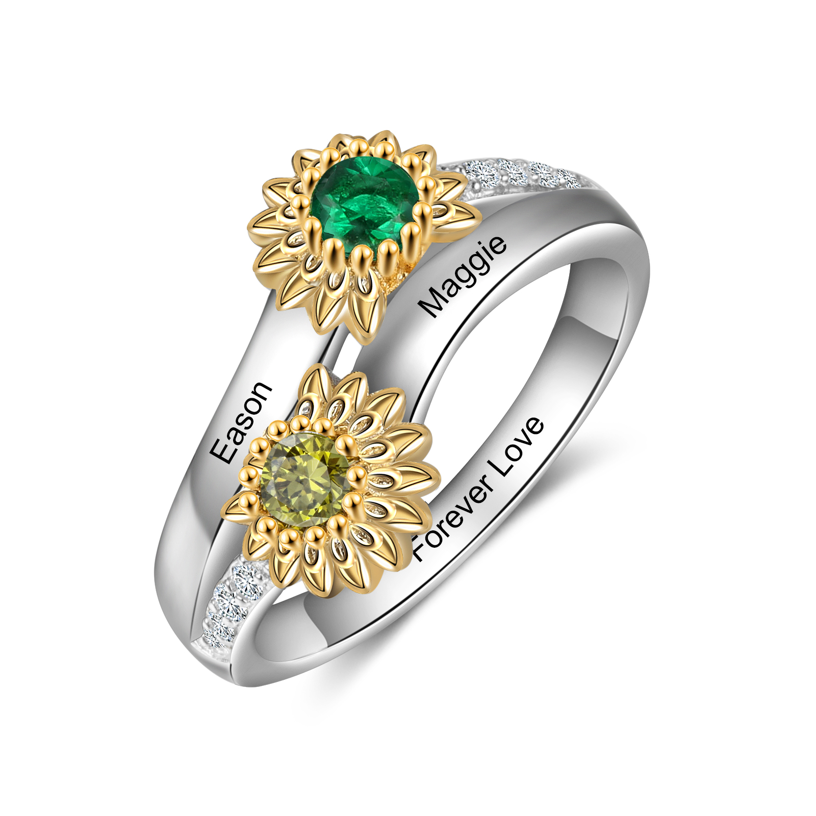 Personalized Sunflower Ring With 2 Birthstones Engraved Names Ring Gift For Women | Jessemade