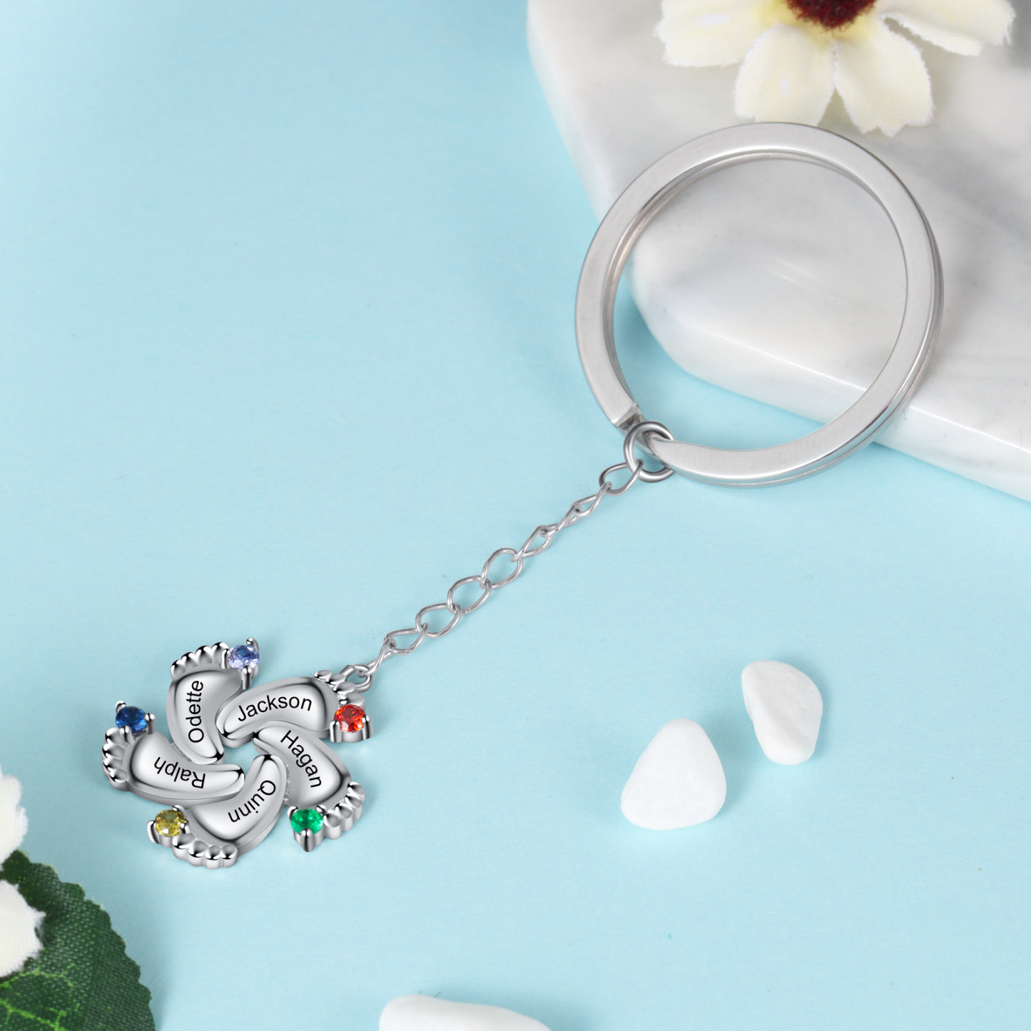 Personalized Baby Feet Keychain With 5 Birthstones Engraved names Keychain Gifts For Mother