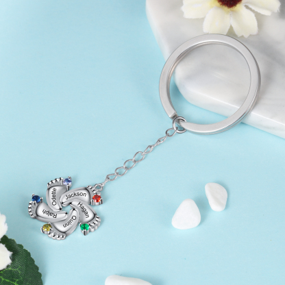 Personalized Baby Feet Keychain With 5 Birthstones Engraved names Keychain Gifts For Mother