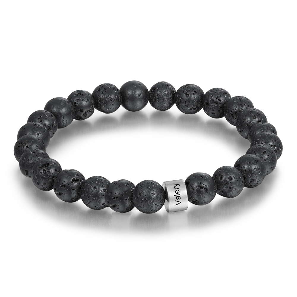 1 Name Black Lava Beads Bracelet Men's Bracelet with Lion Card Custom Gift for Dad