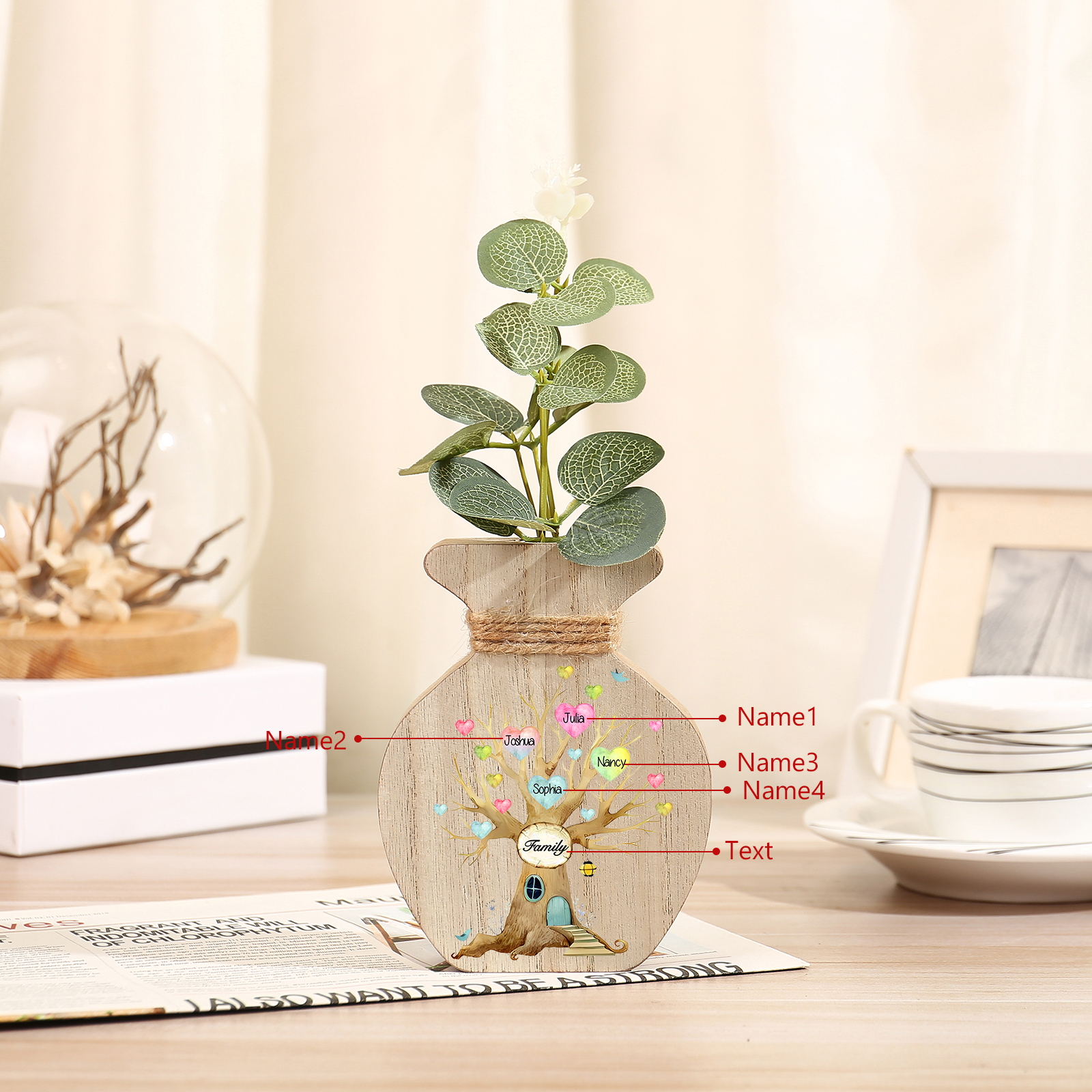 4 Names - Personalized Custom Text and Name Wooden Ornament Vase as A Gift for Family