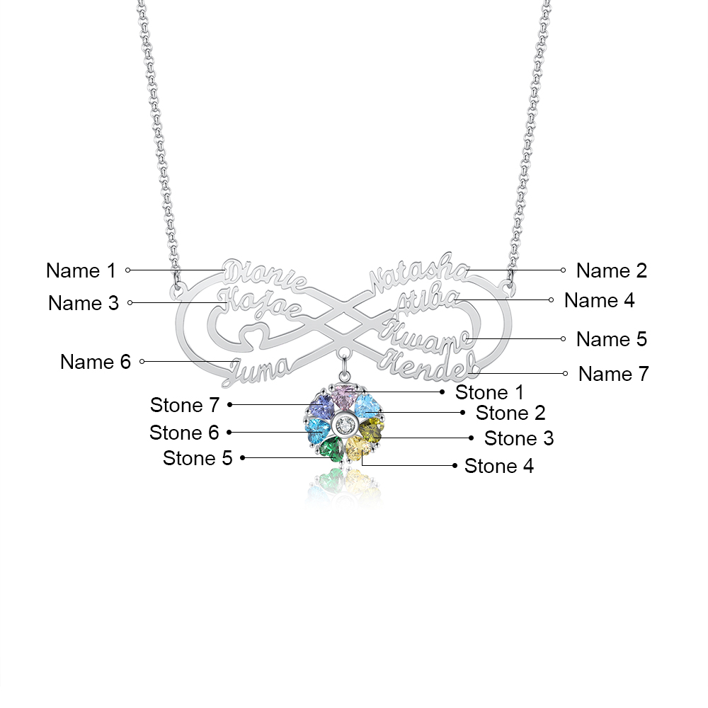 Personalized Infinity Necklace With 7 Birthstones Engraved Names Necklace Gift For Women