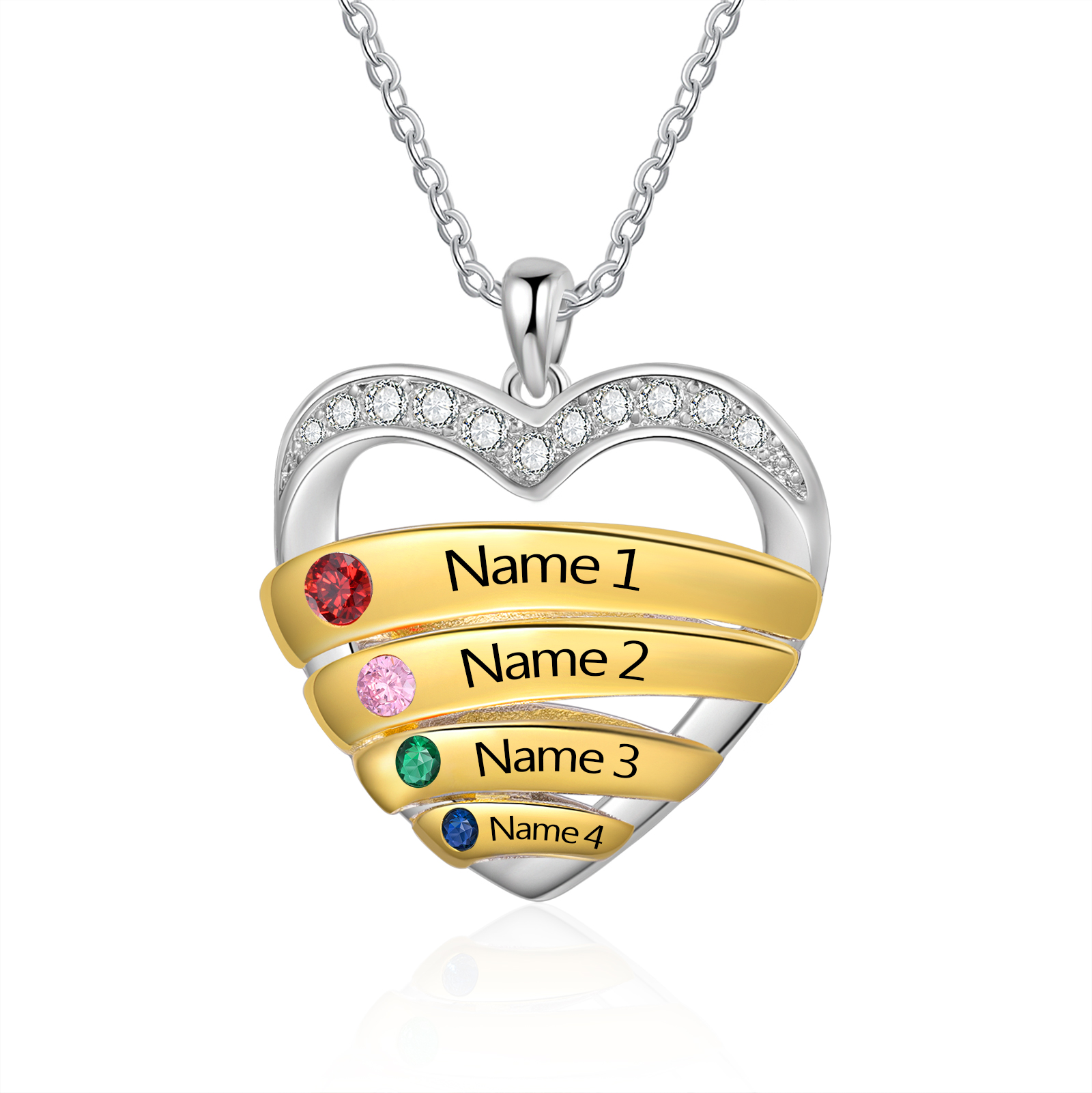 4 Names - Personalized Beautiful Heart Necklace with Custom Name and Birthstone, As a Mother's Day Gift for Mom