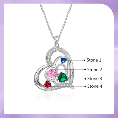 4 Names - Personalized Heart Necklace with Customized Names and Birthstone Gift for Her
