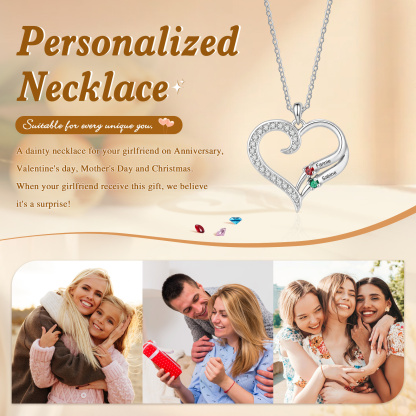 Personalized Heart Necklace with Birthstones Custom with 2–4 Family Names