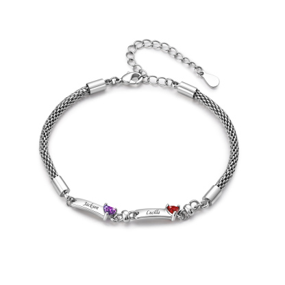 Personalized Braided Bracelet Customized With 1-5 Names And Heart-Shaped Birthstones