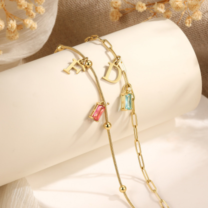 Personalized Initial Rectangle Birthstone Gold Anklet