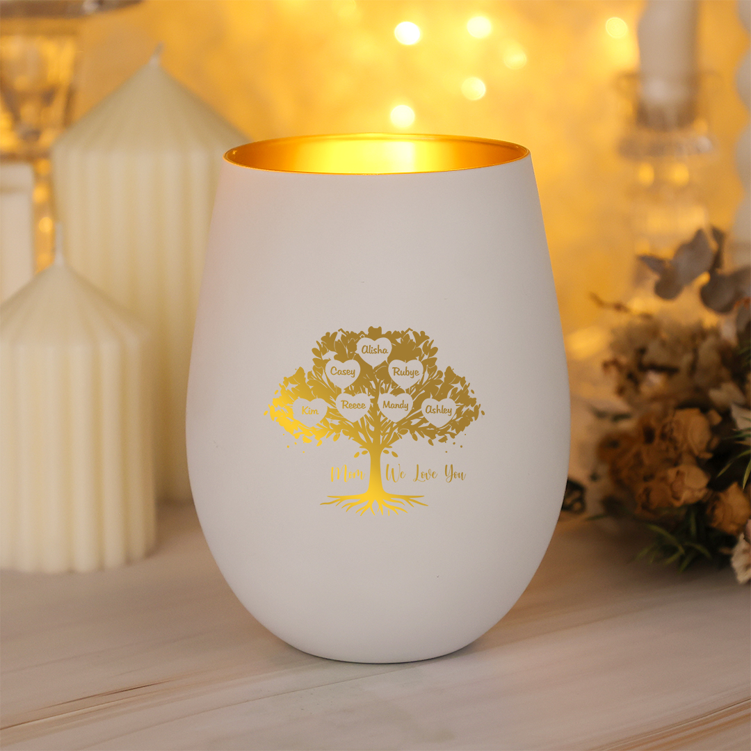 Personalized Glass Candle Holder with Family Tree, Customized with Up to 10 Names, Practical Home Décor Accessory and Gift for Mom for Birthday, Mother’s Day, or Christmas | Jessemade