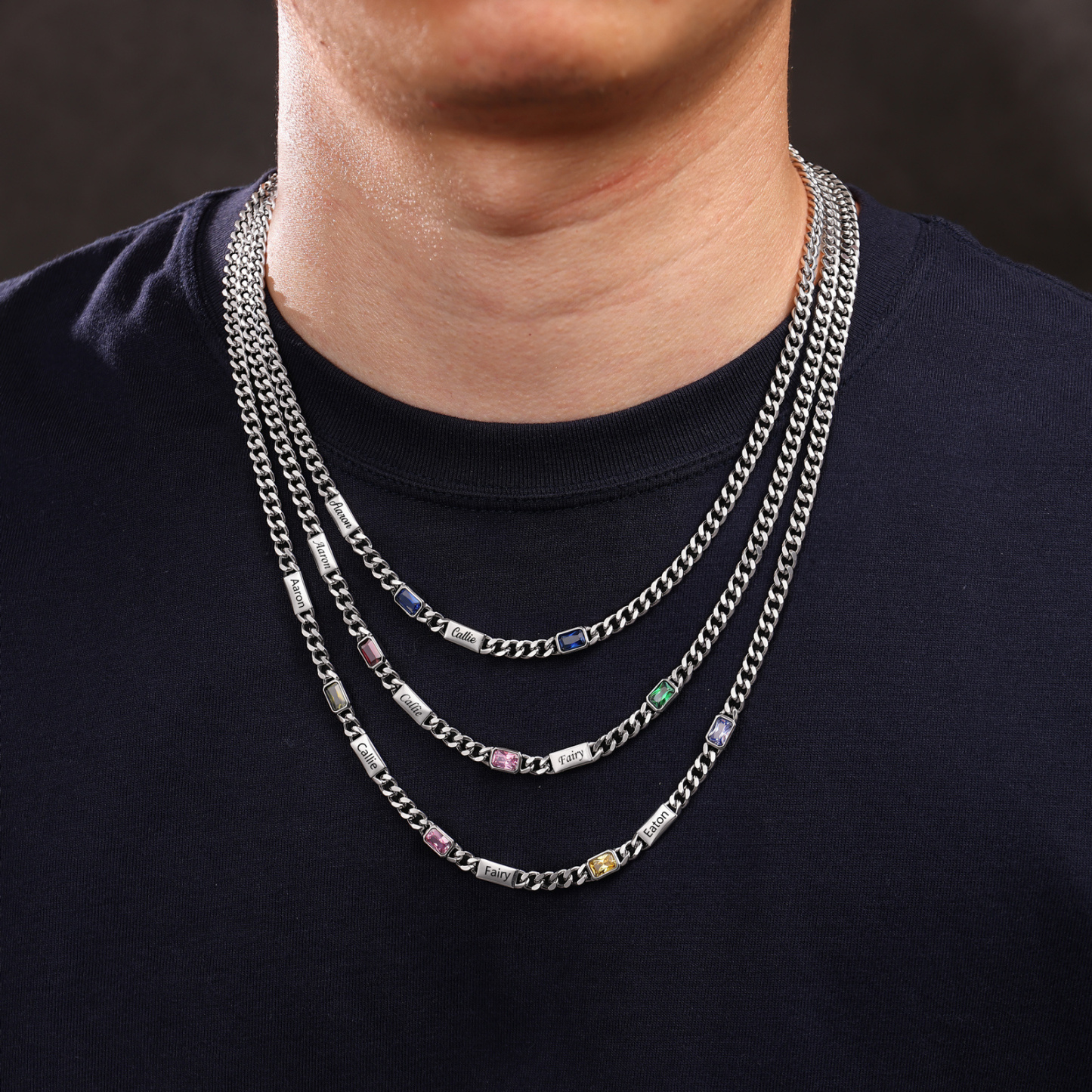 Personalized Cuban Chain Men Necklace Custom With 1-6 Names And Birthstones Gift For Dad Or Husband