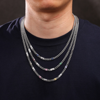 Personalized Cuban Chain Men Necklace Custom With 1-6 Names And Birthstones Gift For Dad Or Husband