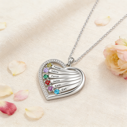 Personalized Heart Name Necklace Custom With Birthstones Engraved 4–6 Children’s Names