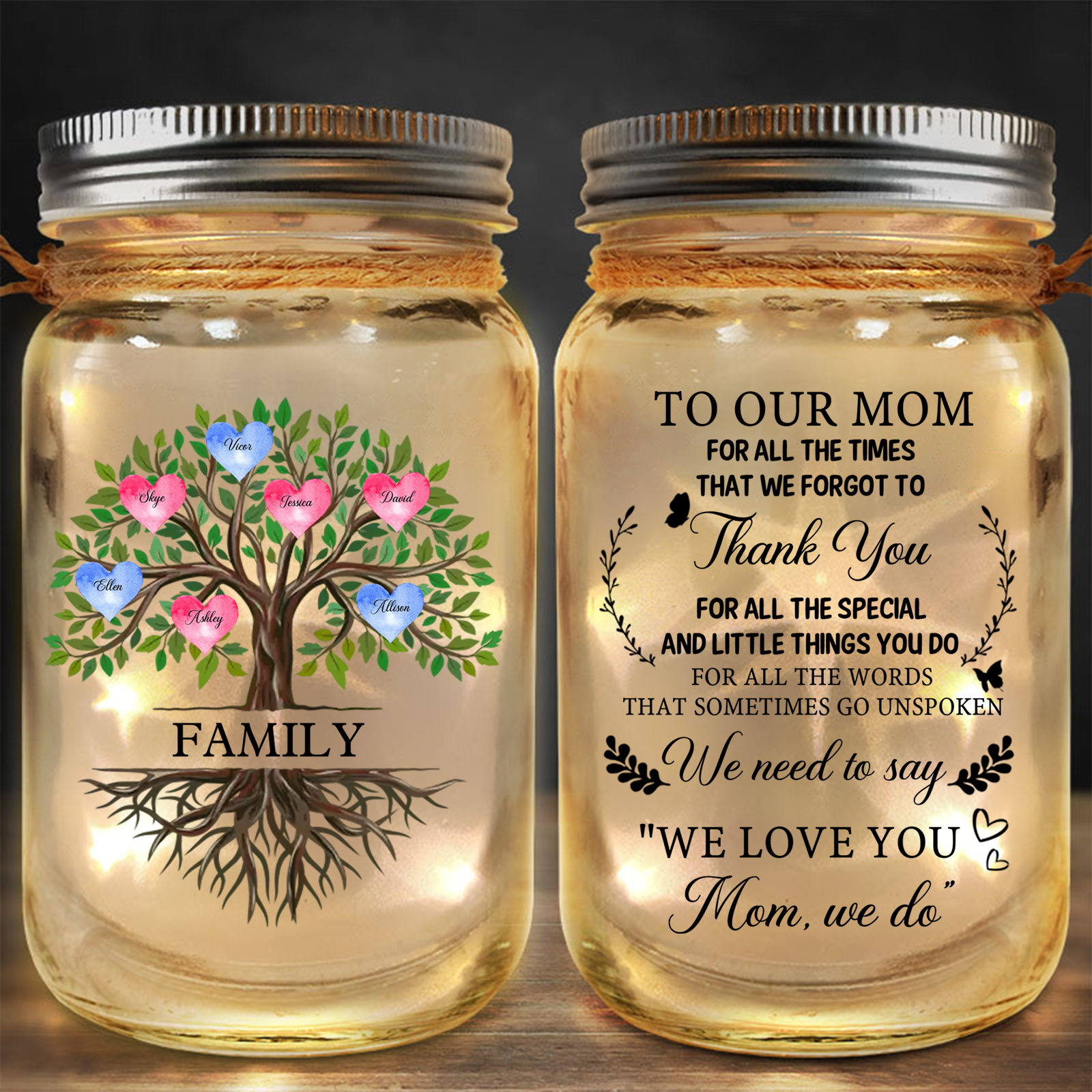 Personalized Solar Glass Bottle Mason Jar Light with family tree – Thank you, Mom