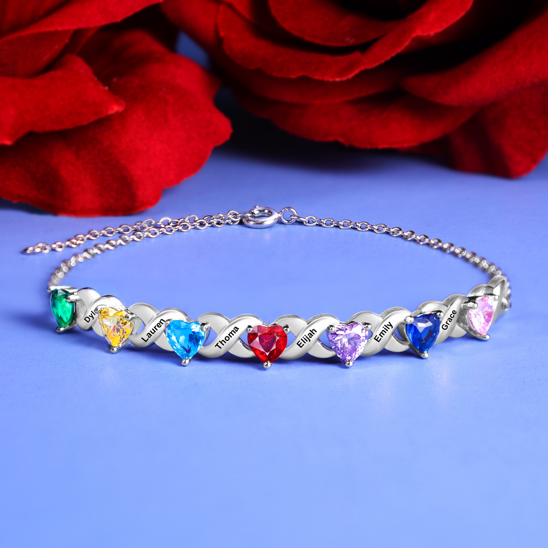 Personalized Heart Bracelet Customized With 7 Names and 7 Birthstones Family Bracelet Gift for Grandma | Jessmade