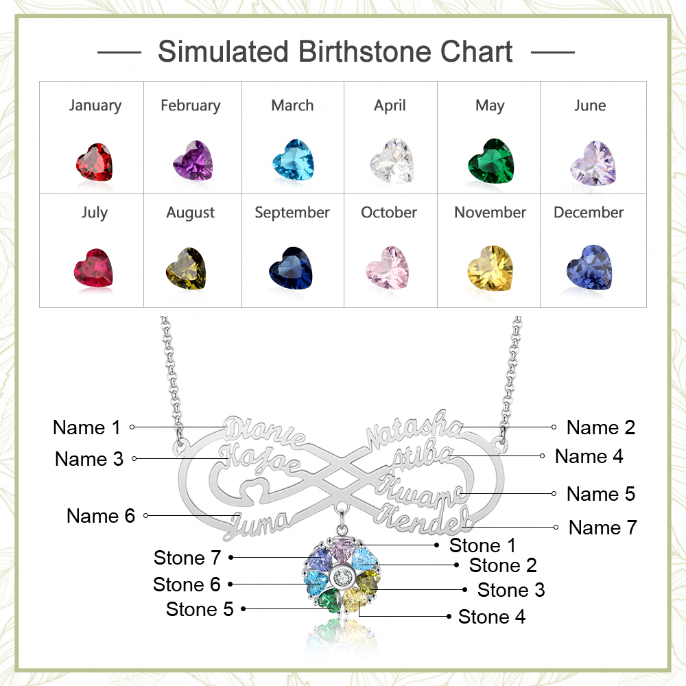 Personalized Infinity Necklace With 7 Birthstones Engraved Names Necklace Gift For Women