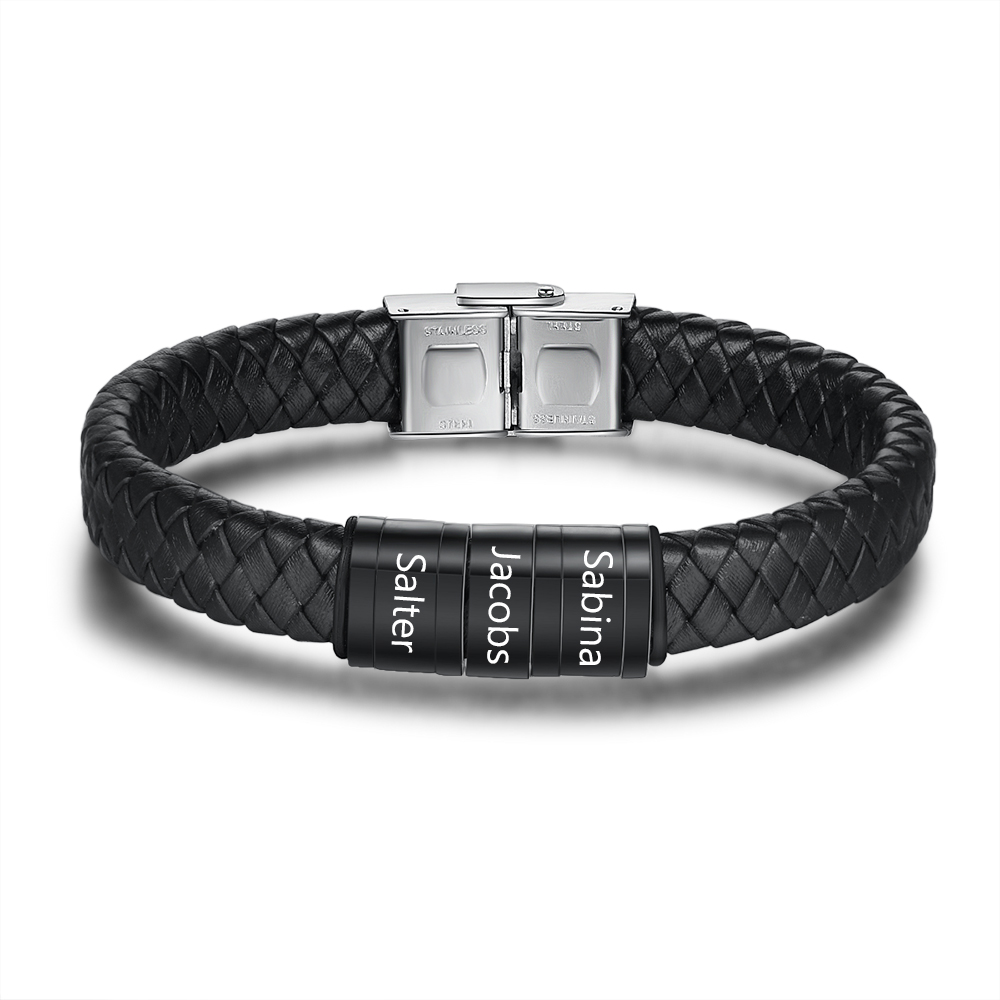 6 Names-Personalized Braided Leather Bracelet Custom Men's Bracelet Engraved 6 Names for Him