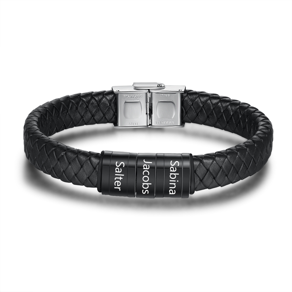 6 Names-Personalized Braided Leather Bracelet Custom Men's Bracelet Engraved 6 Names for Him