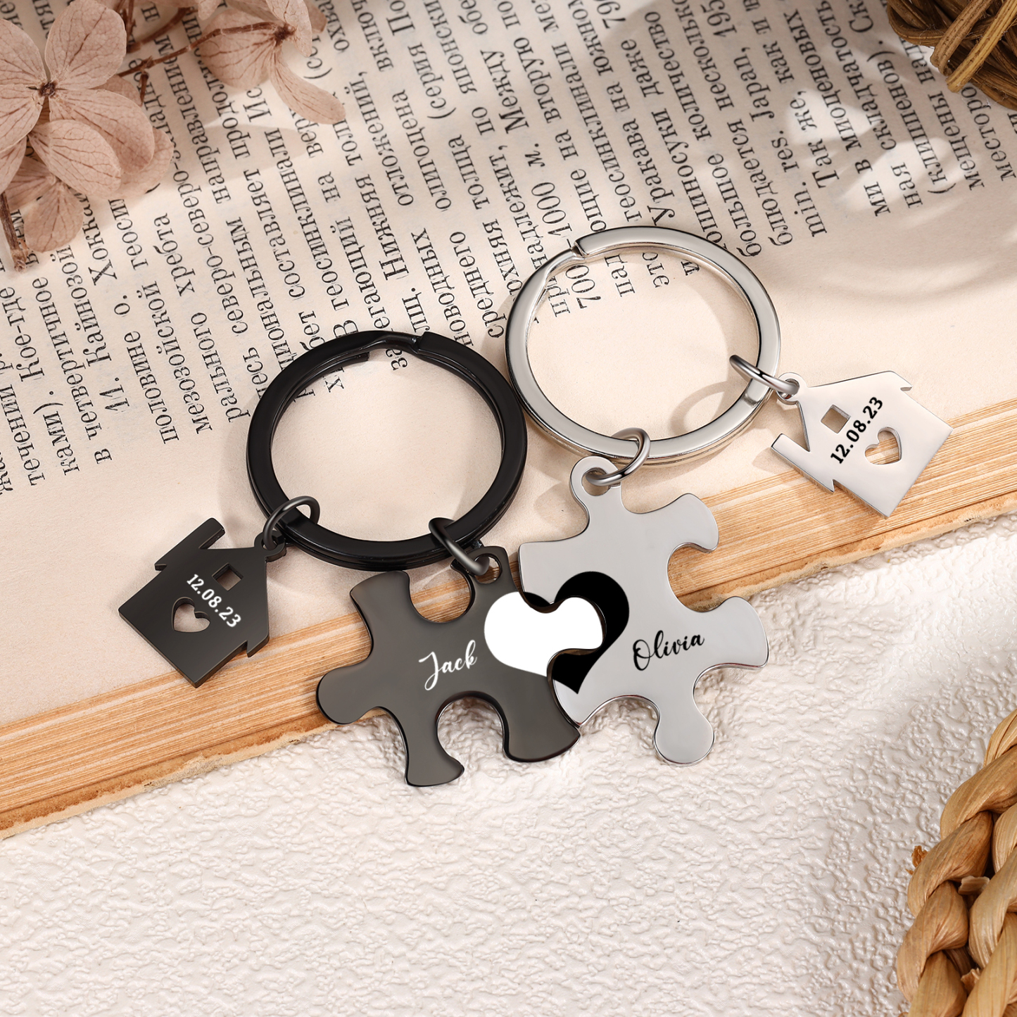 Personalized Name Puzzle Couple Keychain Engrave Date Matching Couple Gifts, Special Gift For Him/Her