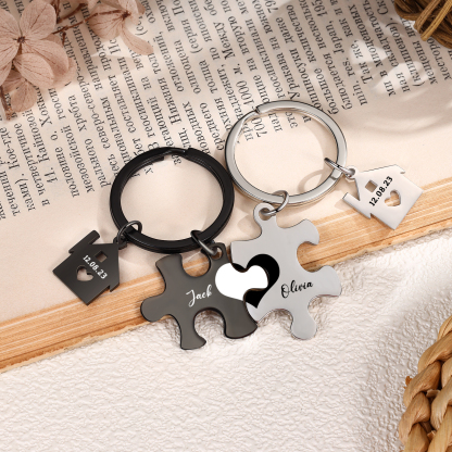 Personalized Name Puzzle Couple Keychain Engrave Date Matching Couple Gifts, Special Gift For Him/Her