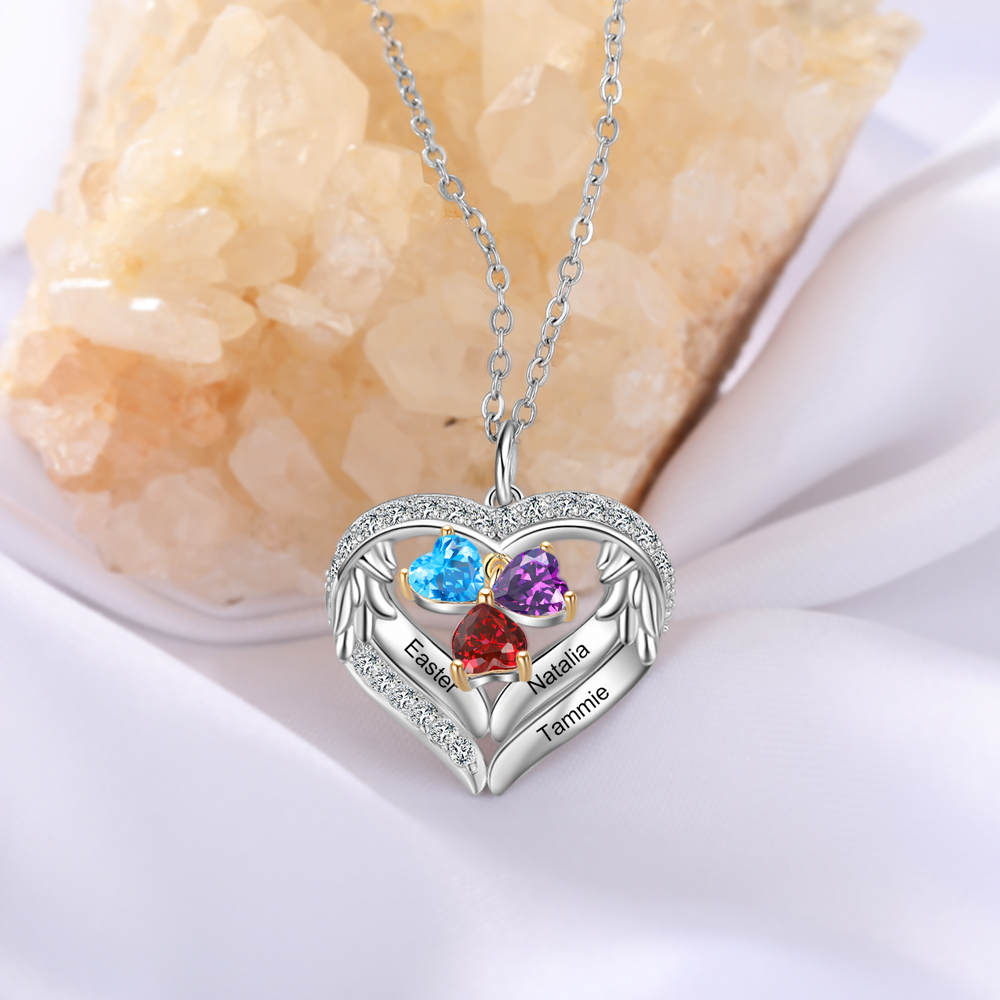 Personalized Wings S925 Silver Necklace With 3 Heart Birthstones Engraved Names Gift For Women