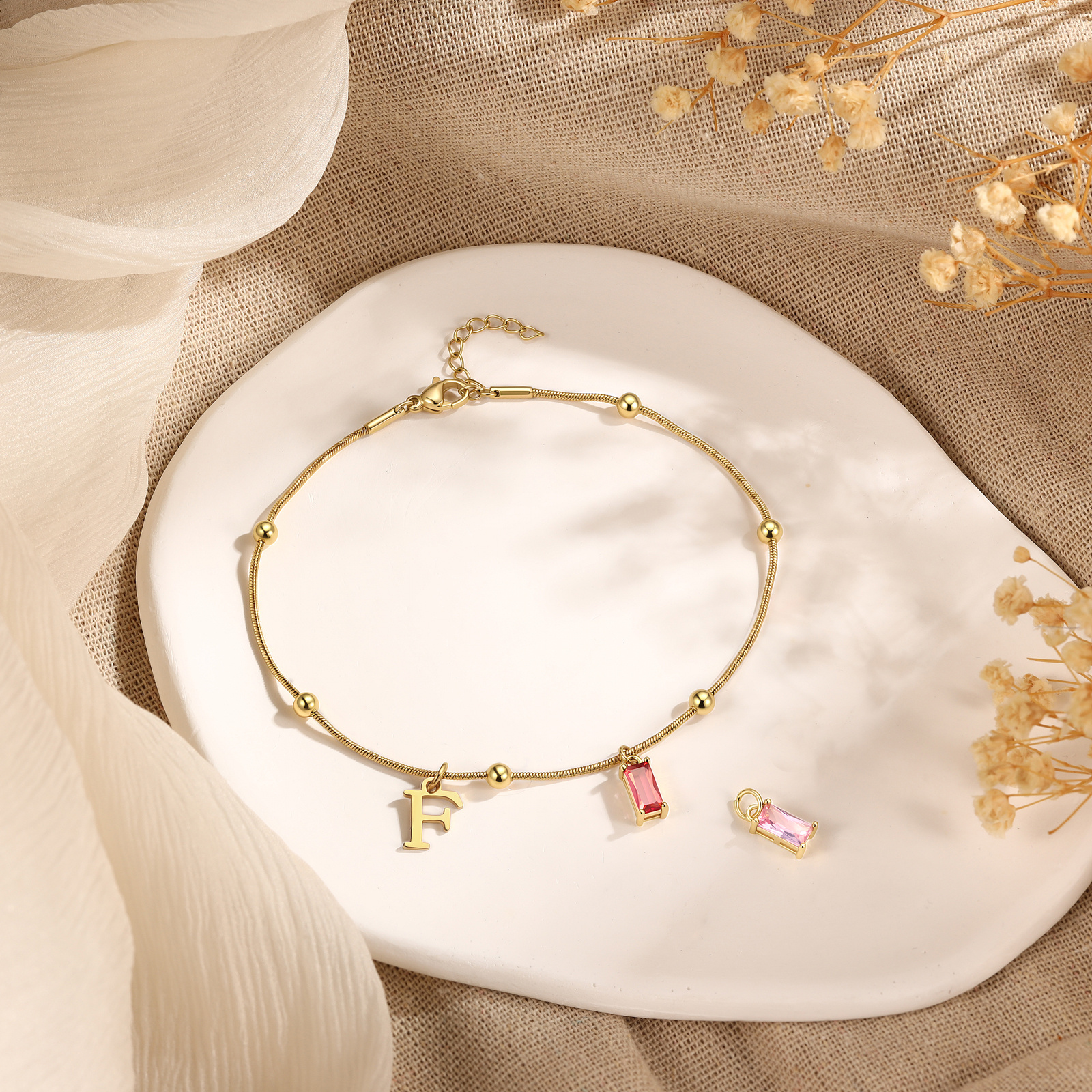 Personalized Initial Rectangle Birthstone Gold Anklet