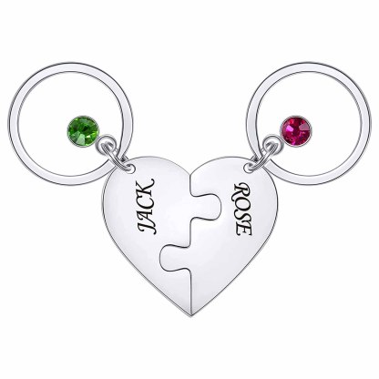 Personalized 2 Names Heart Puzzle Keychain with Birthstones Gifts for Family