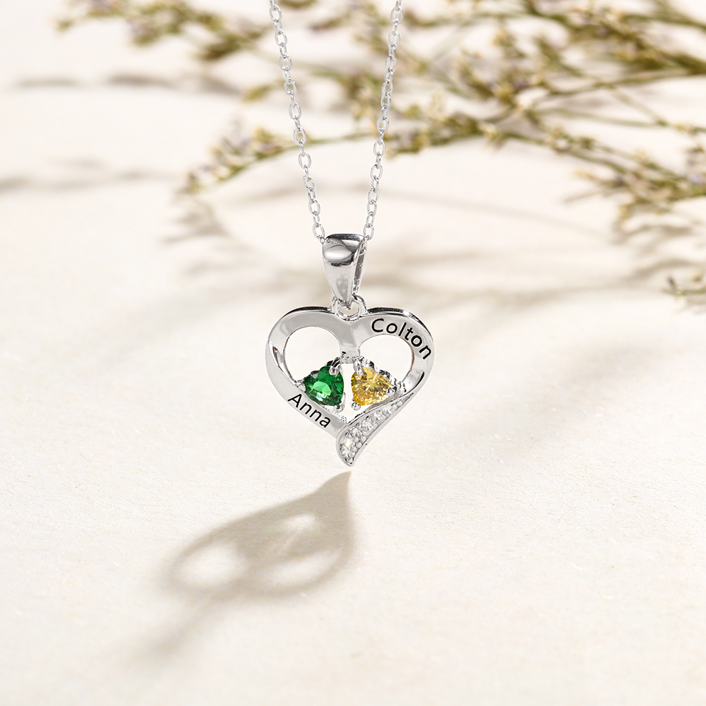 Personalized Heart Necklace With Names Custom 2 Birthstones Gifts For Women
