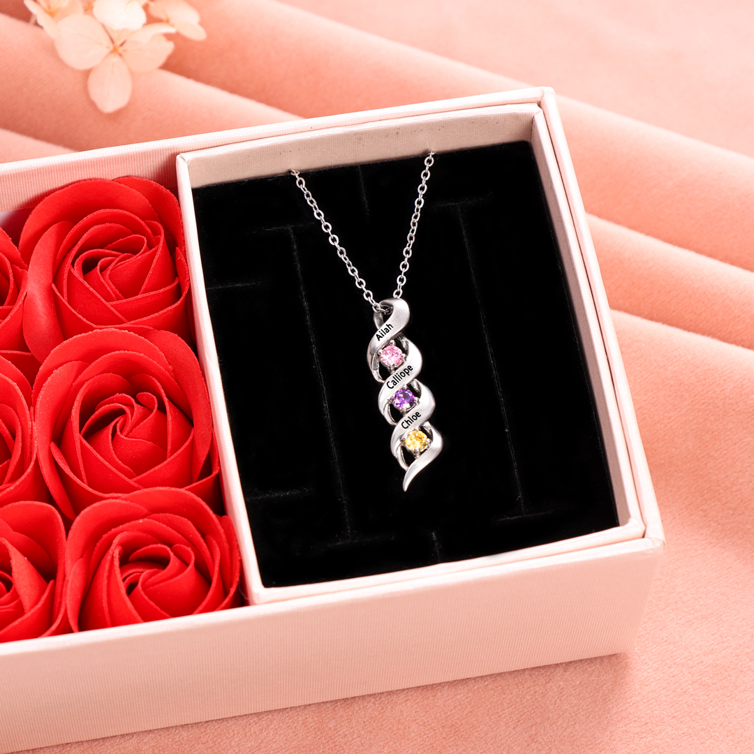 3 Names-Customized Necklace Cascading Pendant with 3 Birthstones Engraving 3 Names Gifts for Her