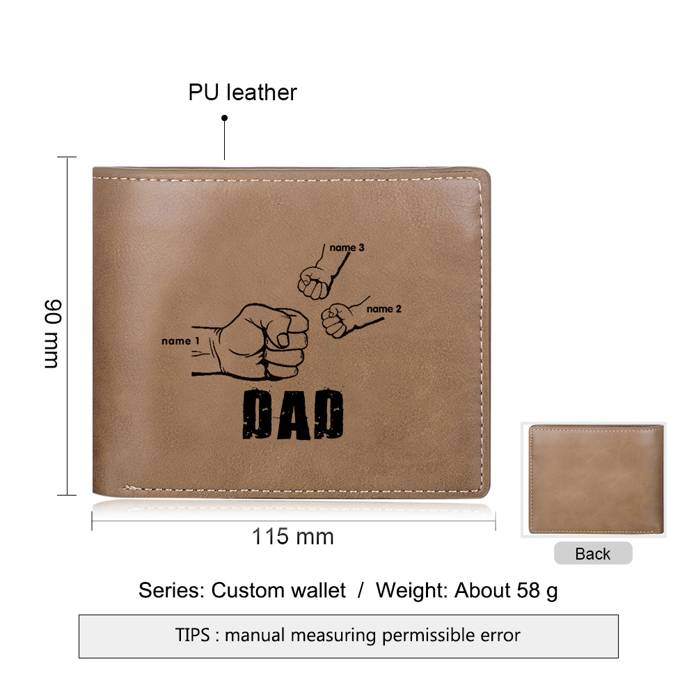 Personalized Leather Mens Wallet Engraved 3 Names Fist Bump Folding Wallet Father's Day Gifts
