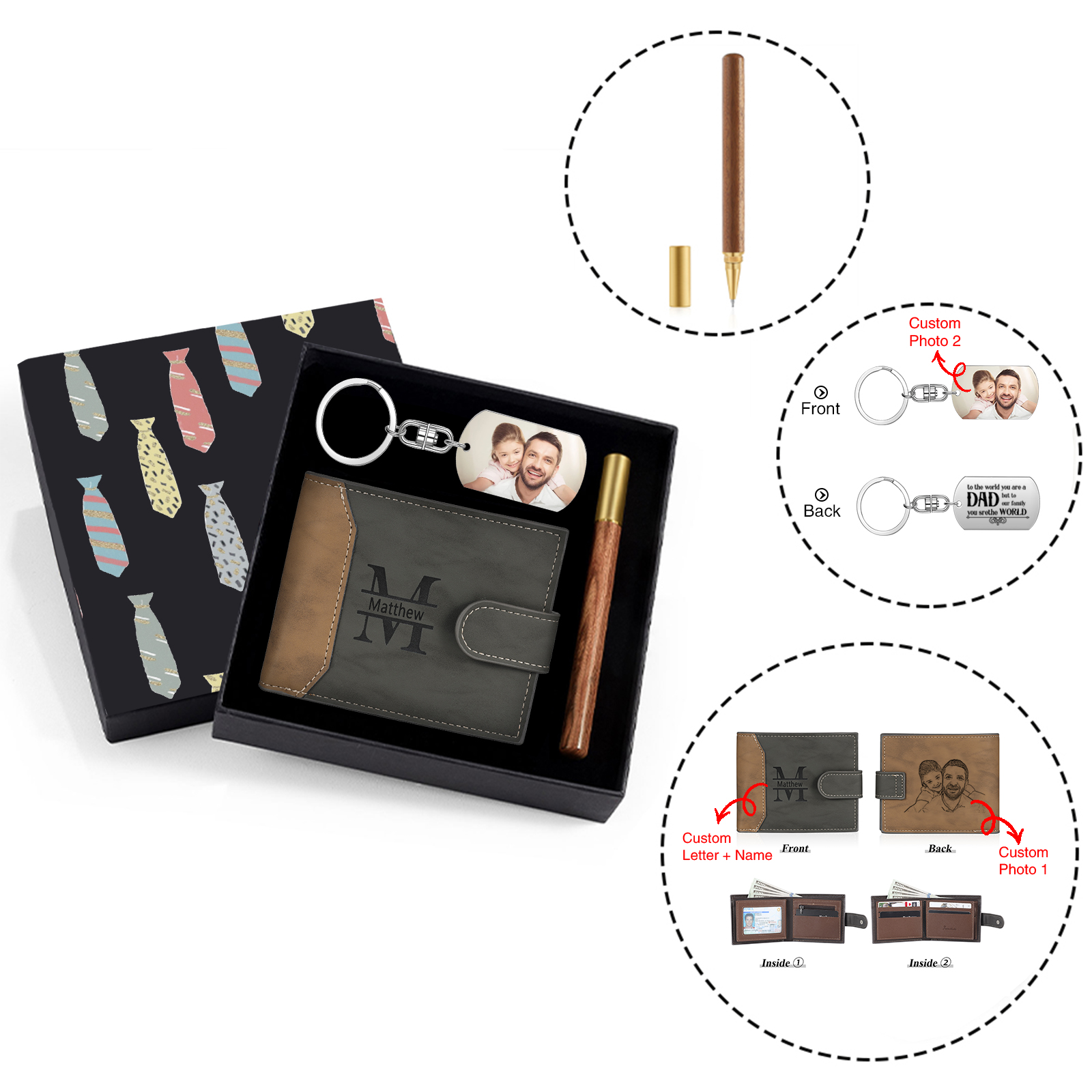 Personalized Leather Wallet Gift Box Set with Keychain Customizable Photo Letter and Name Wallet Gift for Dad