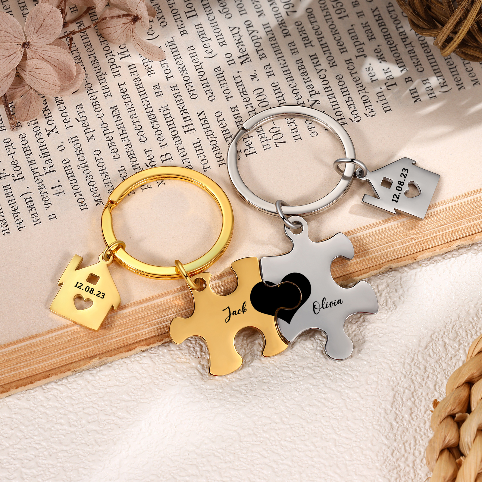 Personalized Name Puzzle Couple Keychain Engrave Date Matching Couple Gifts, Special Gift For Him/Her