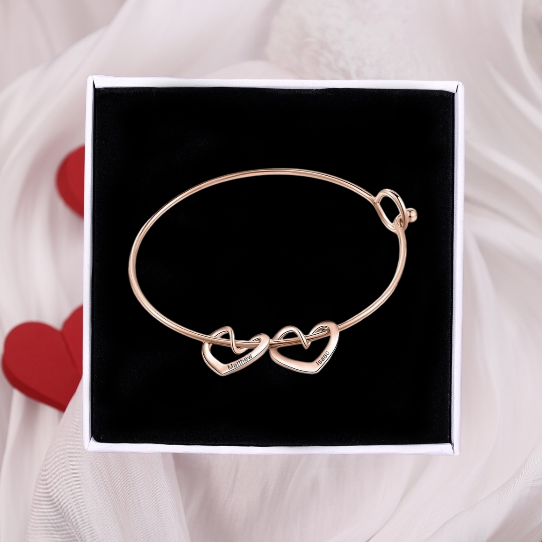 3 Names-Personalized Love Bracelet with 3 Heart Charms Engraved Name Bangle Bracelet